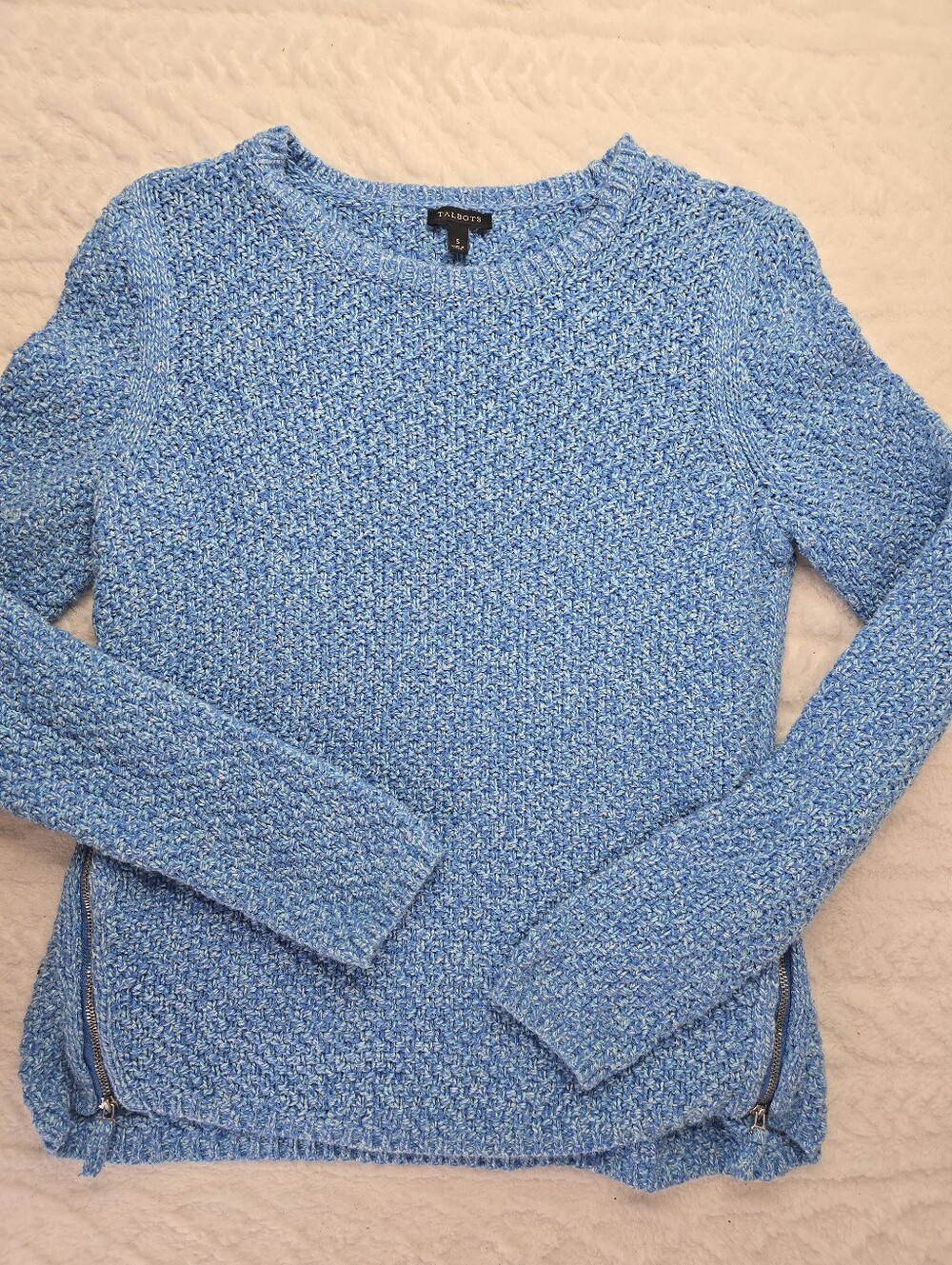 Talbots Marled Sweater Blue Cotton Chunky Knit Side Zipper Coastal Preppy S